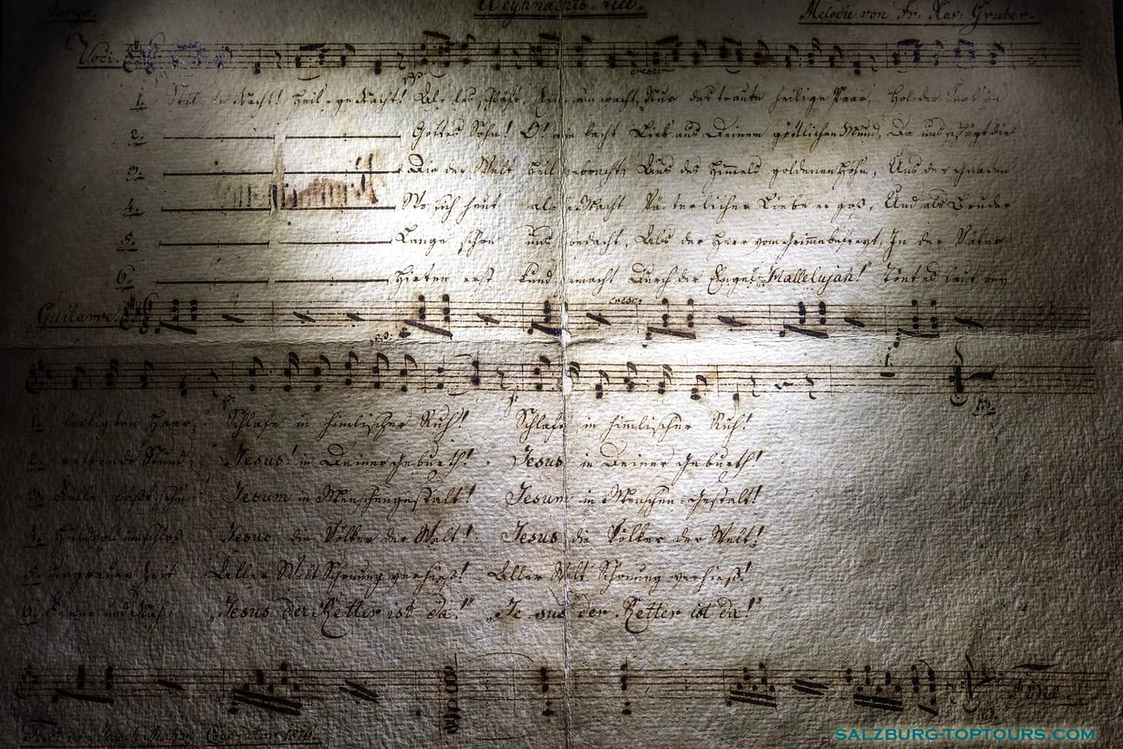 Original handwritten manuscript of "Silent Night" by Joseph Mohr, featuring the lyrics of the world-famous Christmas carol first performed in Oberndorf, Austria, in 1818